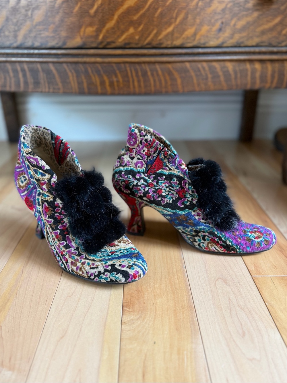 Baci Baroque Revival Tapestry Booties Black Fur Trim Vintage Inspired Shoes, 8